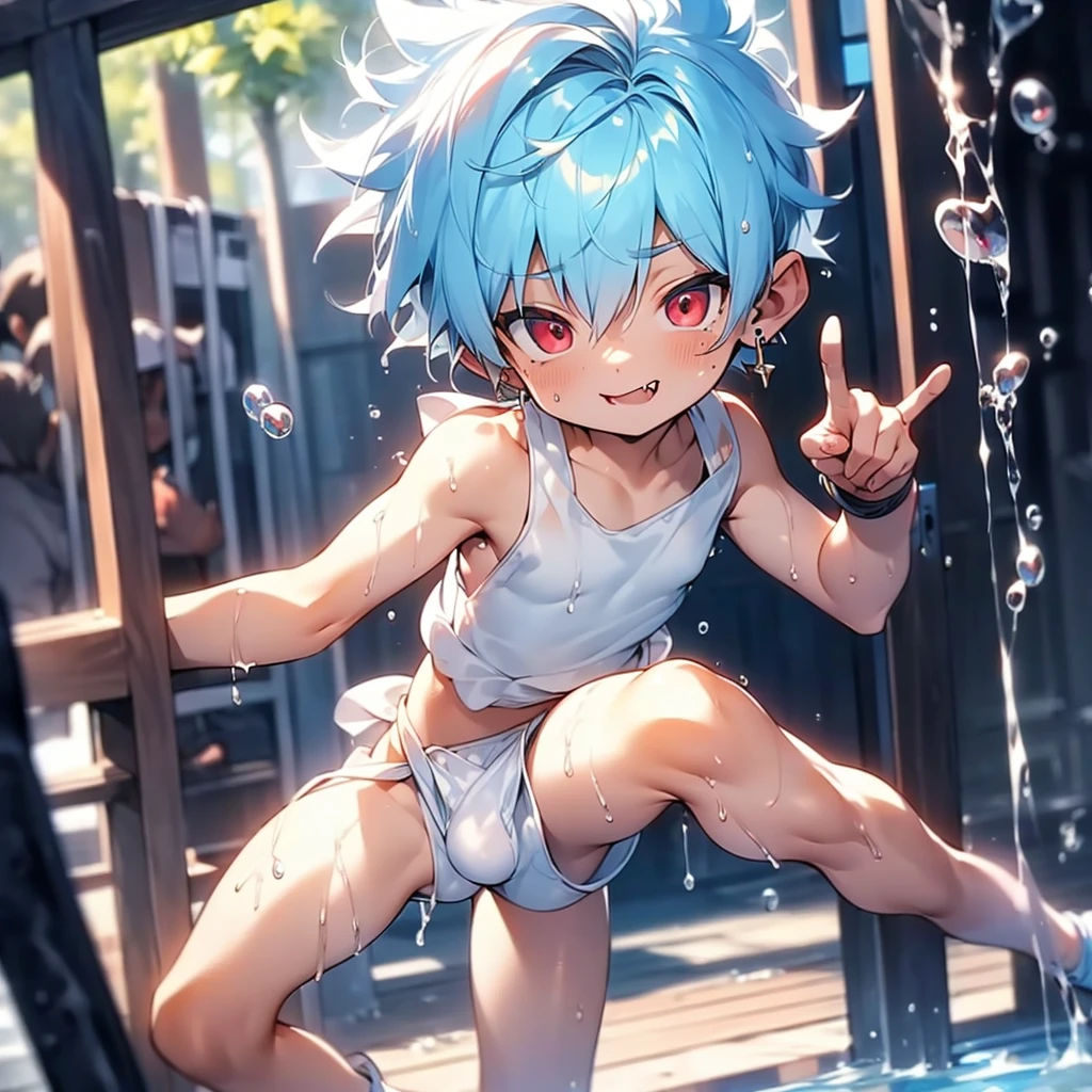 ((solo)), (boldline:-1.6), (peace sign:1.5), (arched back:1.3), ((bubble)), (spread legs:1.5), (standing:1.5), (((fang))), (((best finger))), BREAK (best quality:1.5), (absolutely resolution:1.5), (ultra detailed:1.5), (masterpiece:1.5), (perfect face), (detailed face), (detailed eyes), (best eyes), (cute face), (shota:2), BREAK (white tank top:1.5), BREAK (white loincloth:1.5), (see throgh wet clothes:1.3), (bulge:1.6), (skinny:1.3), (spiked hair), BREAK (light blue hair:1.5), (wine red eyes:1.4), (eyes with highlight:1.6), ((mole under eye)), (sweaty skin), (chuckling:1.5), ((earrings)), (shiny skin:1.3), BREAK (nature), (river), (forest), (sunlight), ((wind blowing)), ((nipple)), (abs), groin, water splashing,