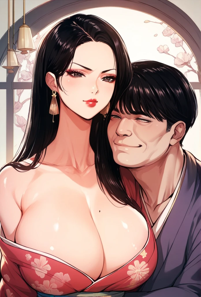 Beautiful ,sexy ,hot woman hugging with ugly fat, bald ,grumpy old man, black eyes, black hair, long hair, big breasts,  long chandelier earrings ,kimono,short hair , smiling, lipstick ,