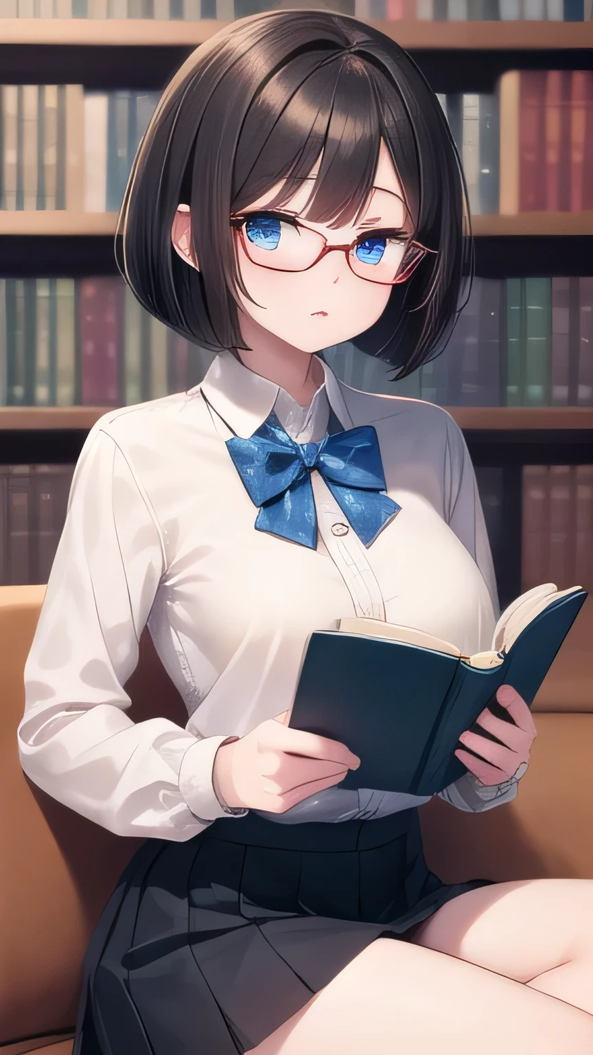 solo girl, 20 years old,sitting,reading a book,bob cut hair,short hair,black hair,blue eyes, small breast,glasses,long sleeves shirts,bowtie,pleated skirt,library,insanely detailed, absurdres, ultra-highres, ultra-detailed, best quality, slender, kawaii, perfect symmetrical face, ultra cute girl, ultra cute face, ultra detailed eyes, ultra detailed hair, ultra cute, ultra beautiful,masterpiece,incredibly absurdres,high detail eyes