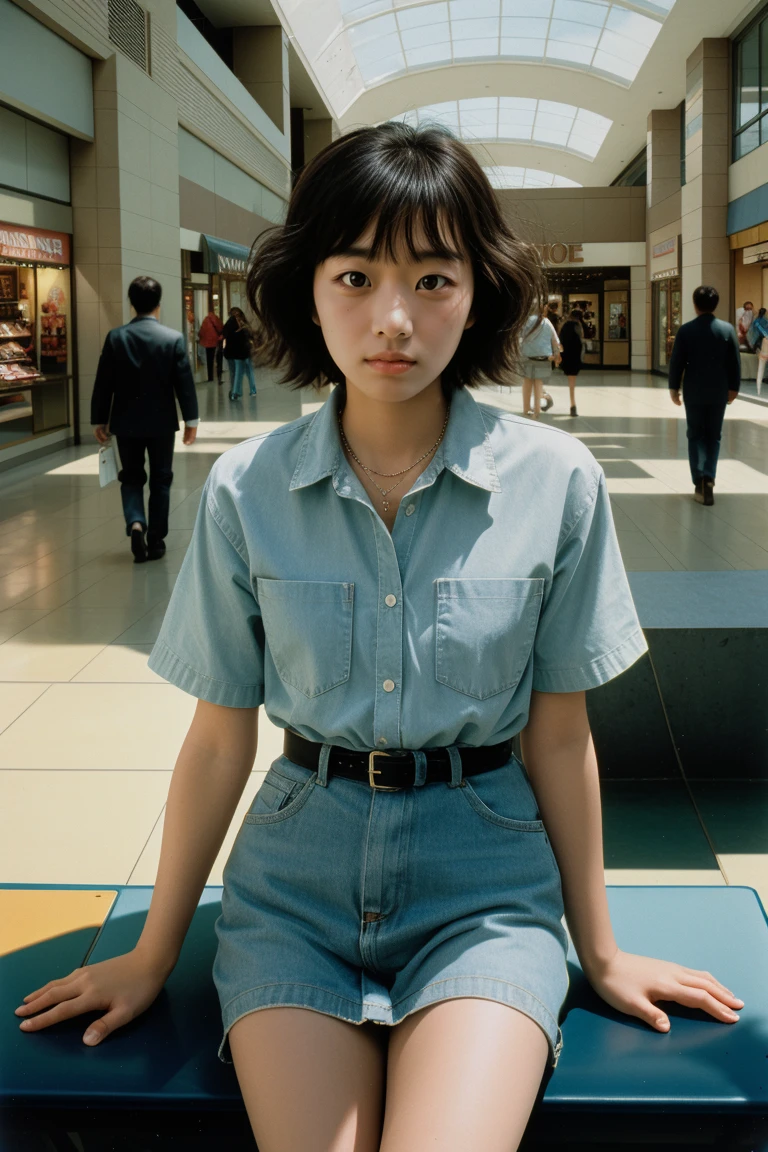 natural light, analog film photo, Kodachrome , beautiful female short hair ,solo ,mall
