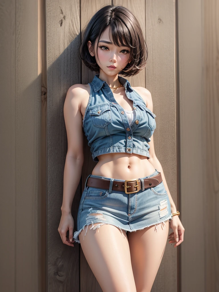 (((1 person:2.0))),(((Cowgirl Costume))),(((Slim Body 1.5))),(((Small Ass))),(((Denim mini skirt))),(((Wear a belt))),(((He is wearing a sleeveless collared shirt, Plaid, Front tie shirt.))),(((Wear a watch))),(((Sandals))),(((Showing cleavage))),(((Showing your belly button))),(((Exposing thighs))),(((Small breasts:1.5))),(((Bare arms))),(((Her hair is black:1.5))),Beautiful detailed girl, Very detailed目と顔, 緻密でBeautiful Eyes, Very detailed, High resolution, Highest quality, masterpiece, Very detailed, 8k wallpaper, wonderful, finely, Highest quality,(((underground:1.5))),((In front of a wooden wall:1.5)),Beautiful Eyes,(((Blushed:1.8))),(((Cowboy Shot:1.5))),(((Open your mouth:0.9))
