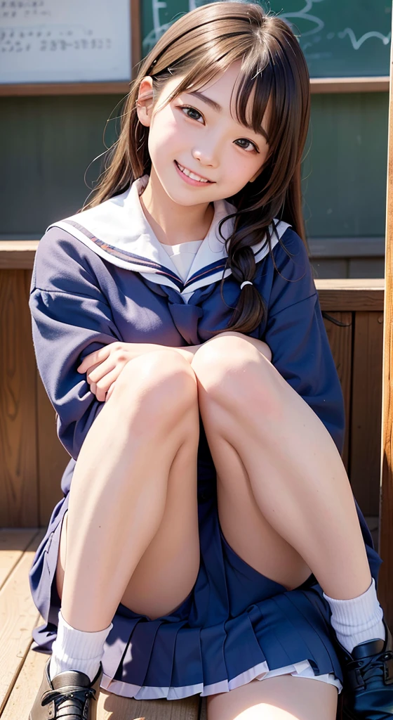 Highest quality,masterpiece:1.3,Ultra-high resolution),(Ultra high definition、Caustics) (Photorealistic:1.4、RAW shooting、)Ultra-realistic capture、Very detailed、Natural skin texture、masterpiece、(Junior high school sailor uniform:1.3)、One Japanese girl、Adorable expression、Happy expression、14 years old、Young face、Amazingly cute、Twin tails、Curly Hair、Black Hair、Scrunchie、Thinning、Medium breast、Junior high school classroom、Shining thighs、Summer sunshine、smile、An inviting gaze、Cowboy Shot