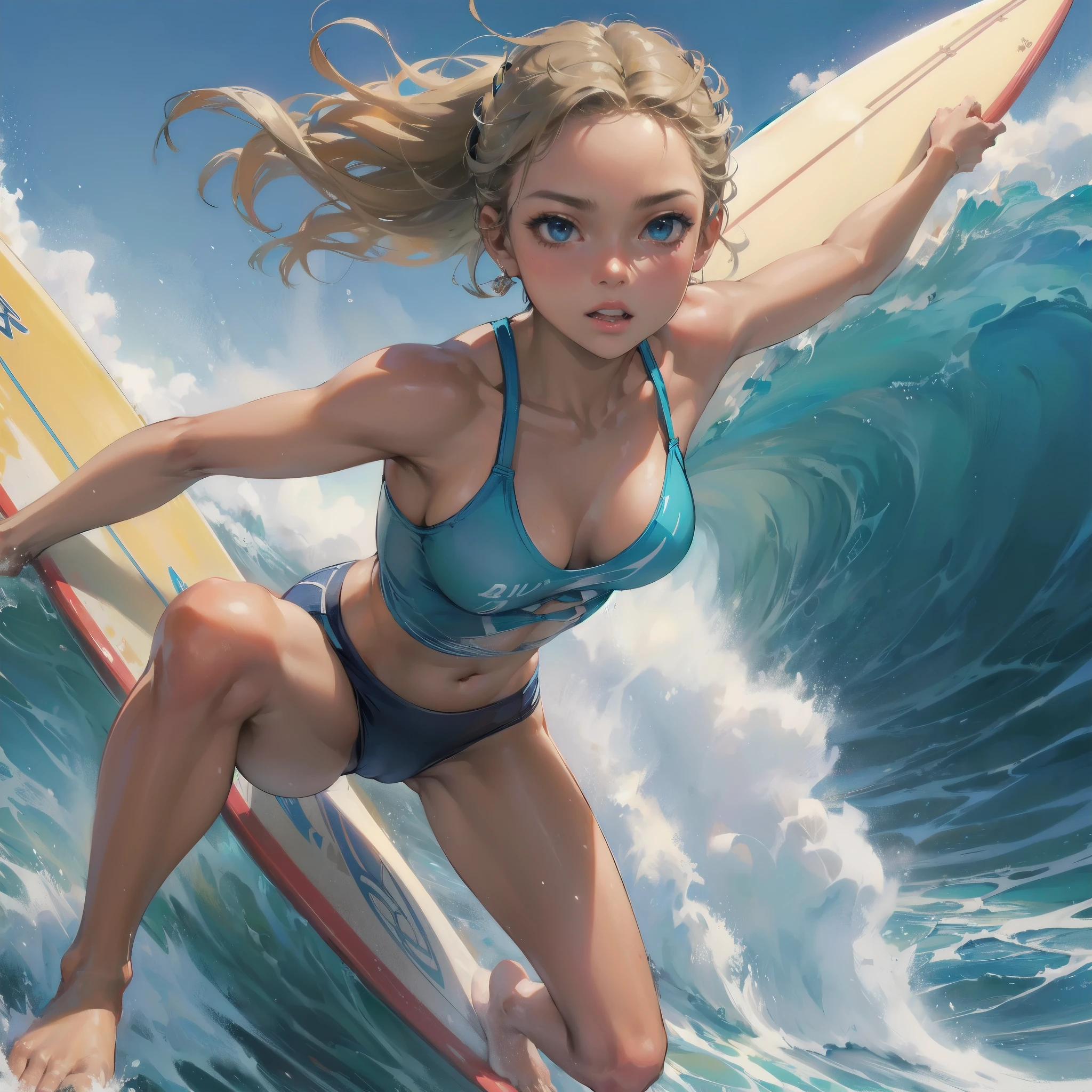 masterpiece, (textured skin), best quality, gorgeous beautiful girl, (a female surfing athlete), detailed clothes,large breasts,narrow waist,, (beautiful face), cinematic lighting, (at surfing venue ),