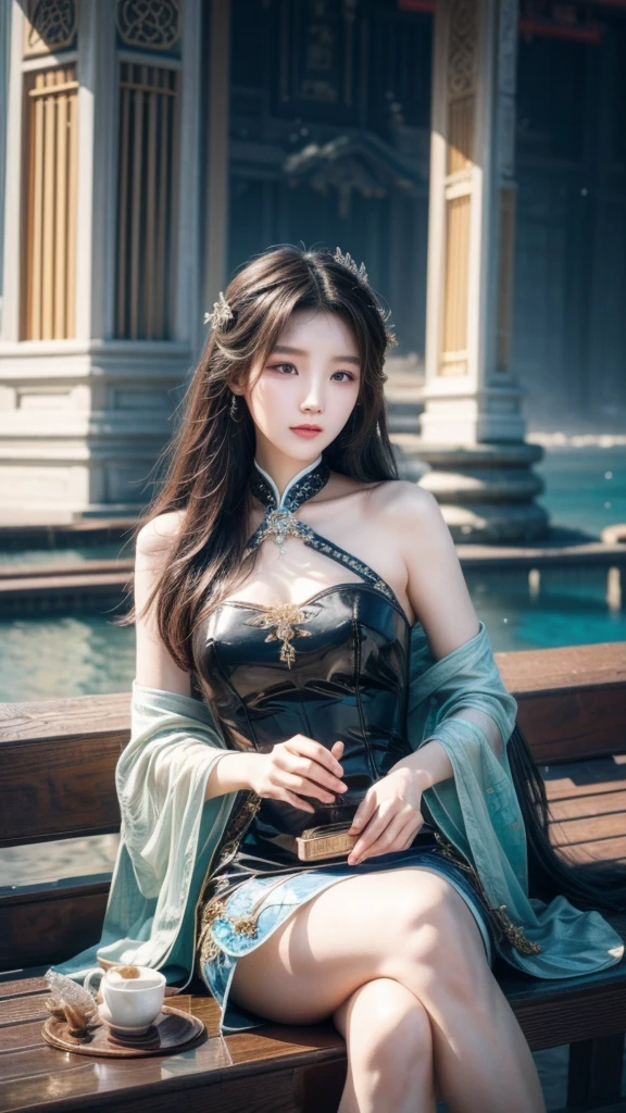 A woman sitting on the beach，Holding a clock in hand, Queen of the Sea Mu Yanling, Beautiful digital art work, 4K Fine Digital Art, beautiful fantasy queen, 8k high quality detailed art, Fantasy Beauty, author：Yang Jie, Beautiful and gorgeous digital art, guweiz, Artwork in the style of Guweiz, Beautiful fantasy art, Chinese Fantasy