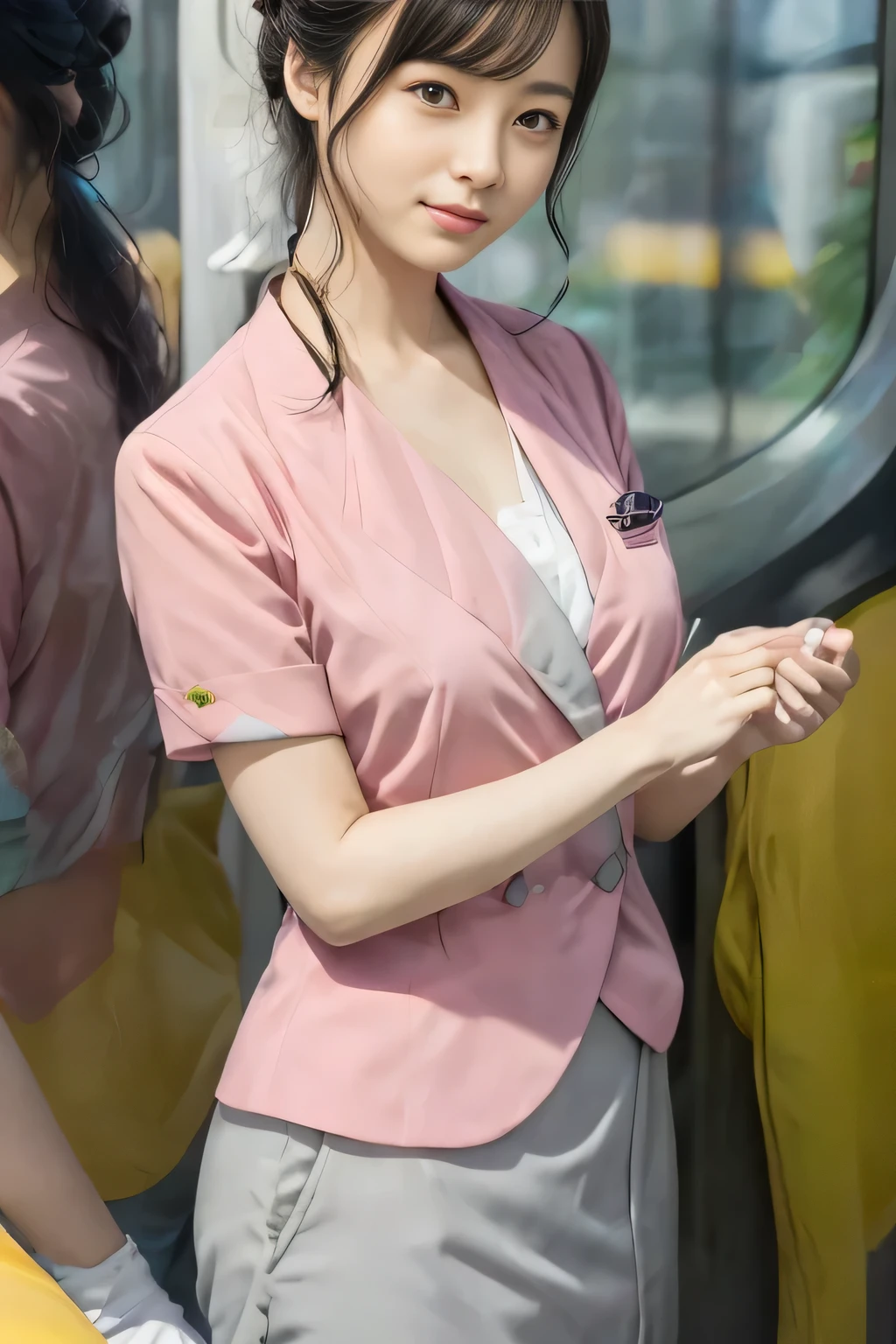 (masterpiece:1.2, Highest quality:1.2), 32k HDR, High resolution, (alone、1 girl)、 (Height: 160cm)、(On the rooftop of a building in the daytime、Professional Lighting)、Building rooftop background、(Nankai train crew uniform pinkを着たリアルスタイル)、(Nankai train crew uniform pink short sleeve collarless pink jacket、Nankai Train Crew Uniform Pink Collarless Short Sleeve Blouse、Nankai Train Crew Uniform Pink Grey Knee-length Culottes)、(The pink jacket is showing from the culottes.)、Dark brown hair、(Long hair that goes up to the chest、Let your hair down)、Long Shot、Big Breasts、Thin legs、((Great hands:2.0)),((Harmonious body proportions:1.5)),((Normal limbs:2.0)),((Normal finger:2.0)),((Delicate eyes:2.0)),((Normal eyes:2.0)))、smile、(Nankai Train Crew Uniform Pink Grey Knee-length Culottesを見せた美しい歩く姿)、Place your hands around your stomach