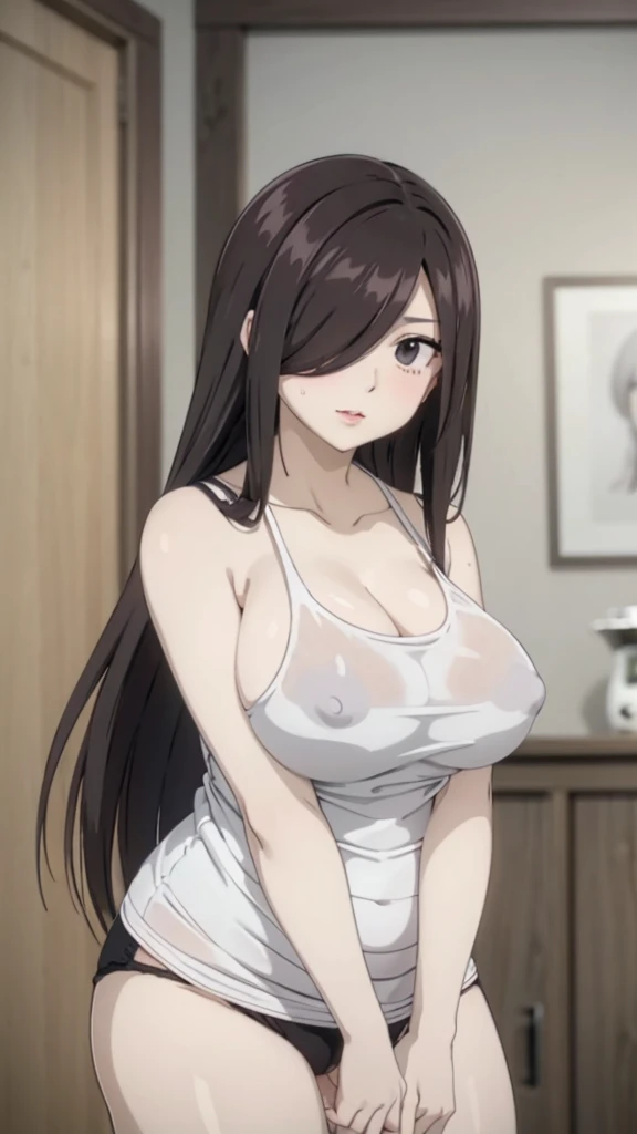 Cute mommy,busty mature women,plump, chubby, fat,realistic skin, transparent camisole, see through nipple,realistic breast, saggy breast, nipple out,muted colours, cold lighting, pale white skin, mature women,black hair, long hair, (hair over one eye:1.4), Messy hair,straight hair,hair between eyes ,sleepy eyes ,beautiful,pucker lips,smeared lipstick,charm,pubic hair pussy,dense pubic hair, cute shy blush on