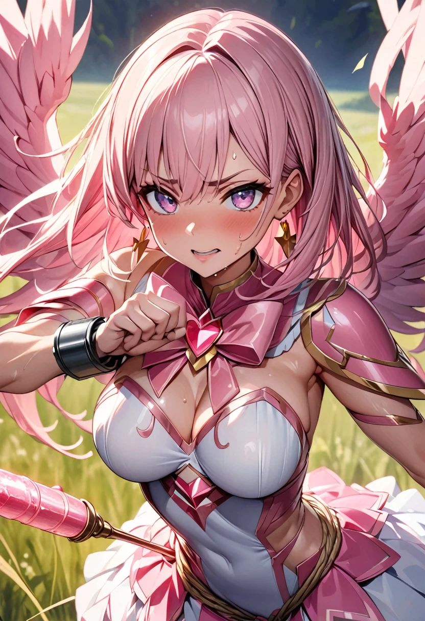 (Perfect Anatomy)、Mastepiece、Ultra High Quality、 8K、masterpiece、Highest quality、Ultra-high resolution、Maximum resolution、Very detailed、Professional Lighting、anime、woman、thin、so beautiful、Highly detailed eye、Highly detailed face、Golden earrings、Pink Hair,、Pink eyes, upper arm pink armor, white leotard, pink pattern, grassland, whole body, magical girl, Angel Girl, fighting pose, holding a luxurious magic wand in hand, (((big magic wand))), restrained shackles rope, sweat