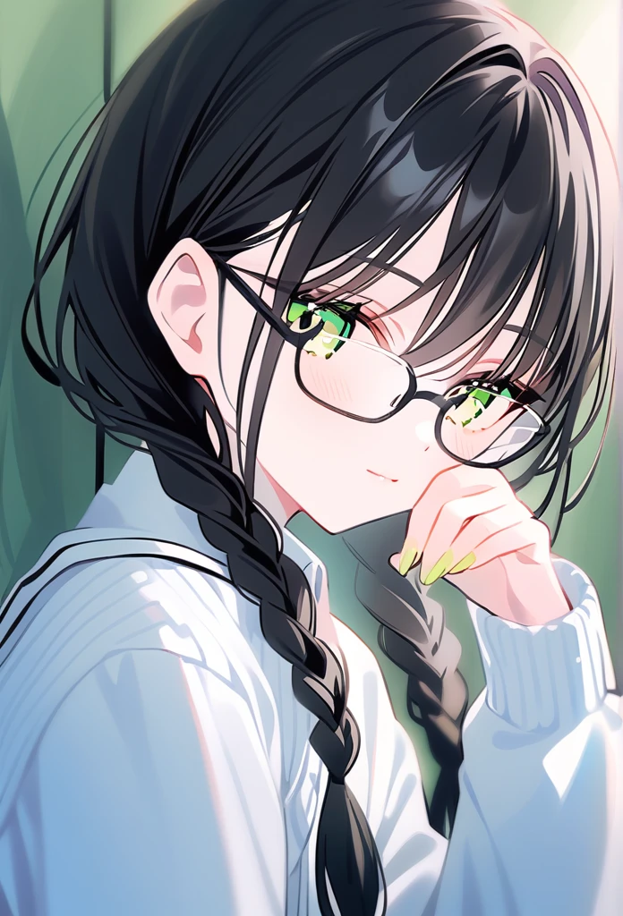 rurudo, 1girl, solo, black hair, green eyes, hanakuma chifuyu, glasses, student uniform, japanese, braids hair, peaceful persona
