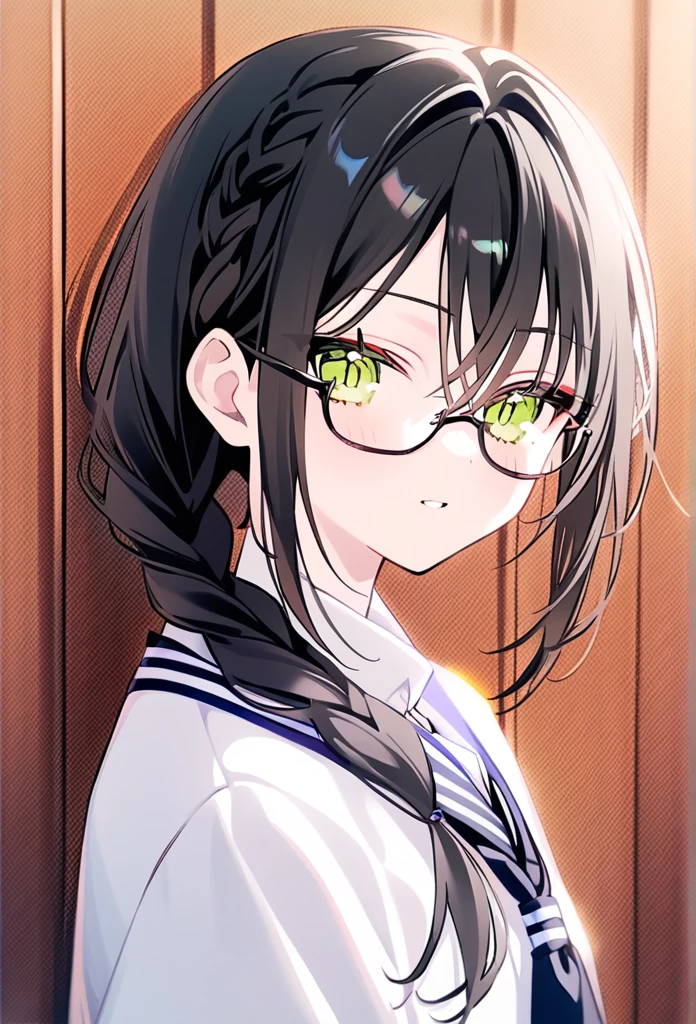 rurudo, 1girl, solo, black hair, green eyes, hanakuma chifuyu, glasses, student uniform, japanese, braids hair, peaceful persona