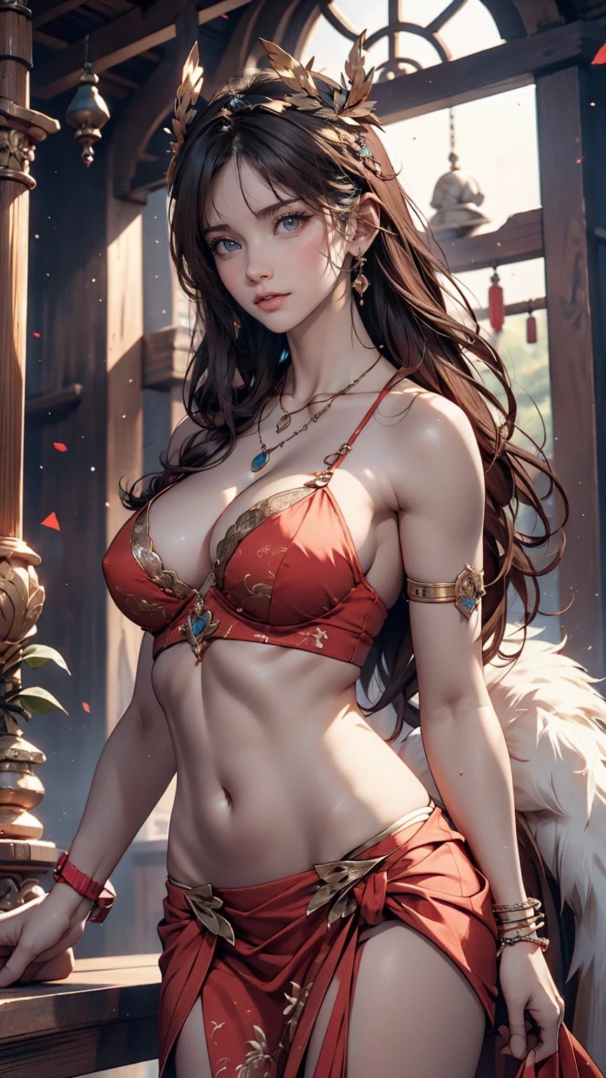 Three-dimensional view of the goddess、Sexy proportions、Sexy、Narrow waist、necklace、Wear accessories on your wrist、Goddess Temple Background、Wow situation