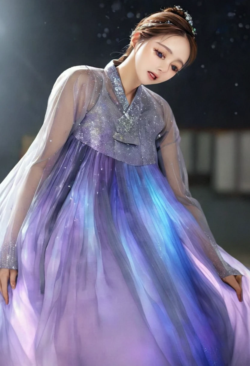 realistic photo, 원시 사realistic photo, raw photo, Ultra high precision, sharpness, Realistic photo blur expression, detailed face, 
부서지다 A woman wearing the night sky, Transparent midnight color, Fantastic iridescent colors, 
부서지다 Like a night dress, Long length that spreads to the floor, reopen