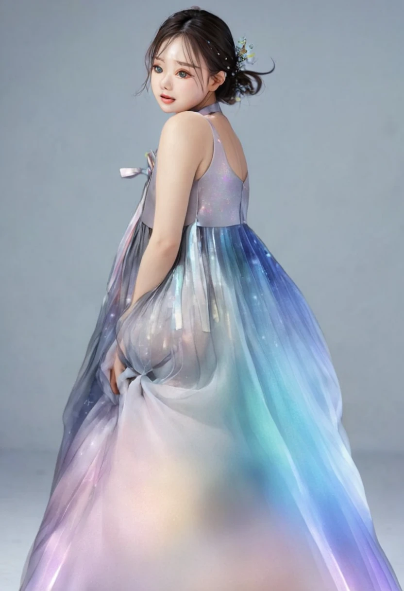 realistic photo, 원시 사realistic photo, raw photo, Ultra high precision, sharpness, Realistic photo blur expression, detailed face, 
부서지다 A woman wearing the night sky, Transparent midnight color, Fantastic iridescent colors, 
부서지다 Like a night dress, Long length that spreads to the floor, reopen