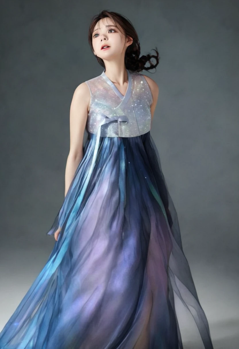 realistic photo, 원시 사realistic photo, raw photo, Ultra high precision, sharpness, Realistic photo blur expression, detailed face, 
부서지다 A woman wearing the night sky, Transparent midnight color, Fantastic iridescent colors, 
부서지다 Like a night dress, Long length that spreads to the floor, reopen