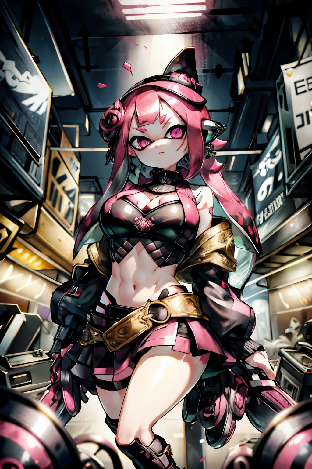 (Masseter muscle area:1.2、Highest quality)、(Live Action、Intricate details)、Real Anime、3d、(1 Splatoon Girl)、solo、whole body、((Huge boobs、Cleavage))、 clothing: Edgy、Black jumper、Pink mini skirt、Avant-garde、Experimental Look: Long pink tentacle hair、Golden Eyes、Cool eyes、Dramatic makeup、blush、Unconventional fashion choices behavior: traitor、Runaway Ladies Leader、Secretary General、Black short jumper、Pink mini skirt、Counter、provocative Location: Urban Arts District、Hobbies of the underground music scene: Bad boy、Create mixed media art、Experiment with the values of different subcultures: personality、credibility、Inspiration for creative expression: Runaway Ladies Leader、Secretary General、Counterculture Icon、nature: Boldness、Unconventional。