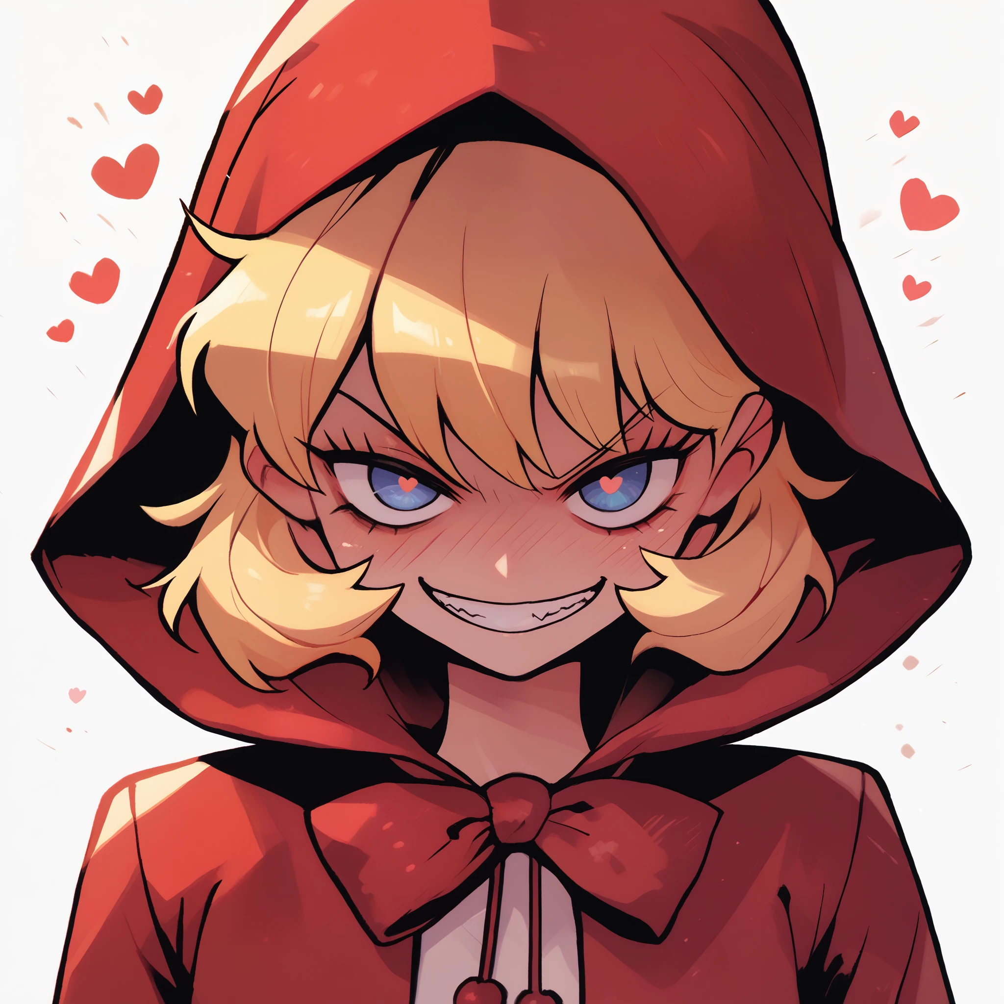 score_9,score_8_up,score_7_up,score_6_up,score_5_up,score_4_up, 1girl,solo,,rariatto, bulleta,blonde hair,
little red riding hood (grimm) (cosplay),red dress,red hood, evil, crazy smile, looking at viewer, upper body,heart