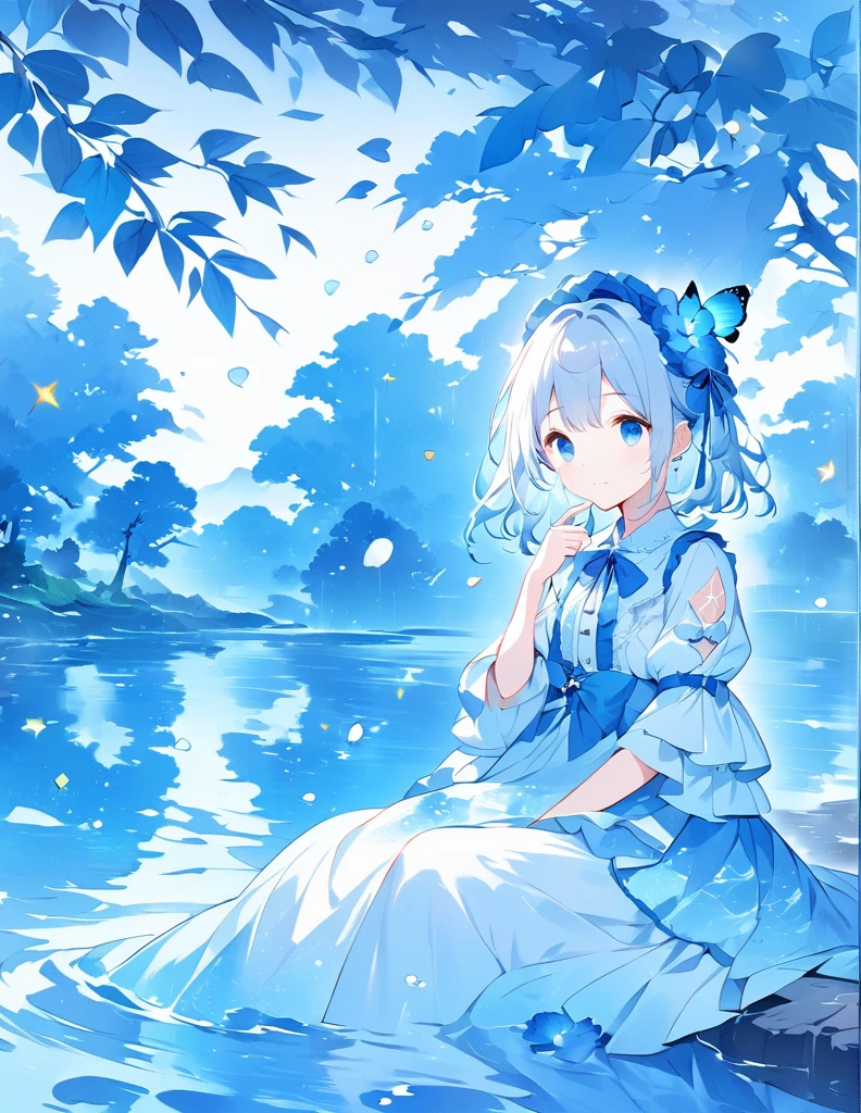 (Masterpiece), (Best Quality), Illustration, Ultra-Detailed, High Dynamic Range, Depth of Field, (Colorful), ,,This is a masterpiece that exudes exceptional quality. The illustration is ultra-detailed, created using HDR technology Sense of depth. The theme is original, beautiful, and beautiful artwork, bright colors and full of fantasy elements. The girl sitting on the seaside, surrounded by flowing water, with the dark blue world tree in the background, located in the cemetery. Tranquil and dreamy The atmosphere gives the whole scene a soulful and charming quality. Her pale complexion, sparkling blue eyes, and silver hair decorated with flowers create a charming portrait. She wears a Lolita-style outfit, a poker face, and closes your Mouth. Backgrounds range from white, transparent, looping options, and translucent blue butterflies flying around for added vibrancy.
