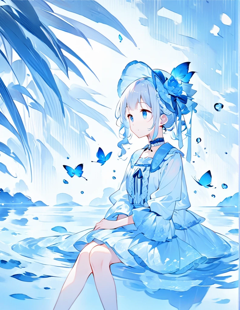 (Masterpiece), (Best Quality), Illustration, Ultra-Detailed, High Dynamic Range, Depth of Field, (Colorful), ,,This is a masterpiece that exudes exceptional quality. The illustration is ultra-detailed, created using HDR technology Sense of depth. The theme is original, beautiful, and beautiful artwork, bright colors and full of fantasy elements. The girl sitting on the seaside, surrounded by flowing water, with the dark blue world tree in the background, located in the cemetery. Tranquil and dreamy The atmosphere gives the whole scene a soulful and charming quality. Her pale complexion, sparkling blue eyes, and silver hair decorated with flowers create a charming portrait. She wears a ta-style outfit, a poker face, and closes your Mouth. Backgrounds range from white, transparent, looping options, and translucent blue butterflies flying around for added vibrancy.