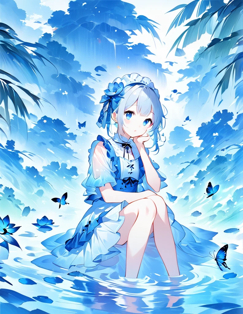 (Masterpiece), (Best Quality), Illustration, Ultra-Detailed, High Dynamic Range, Depth of Field, (Colorful), ,,This is a masterpiece that exudes exceptional quality. The illustration is ultra-detailed, created using HDR technology Sense of depth. The theme is original, beautiful, and beautiful artwork, bright colors and full of fantasy elements. The girl sitting on the seaside, surrounded by flowing water, with the dark blue world tree in the background, located in the cemetery. Tranquil and dreamy The atmosphere gives the whole scene a soulful and charming quality. Her pale complexion, sparkling blue eyes, and silver hair decorated with flowers create a charming portrait. She wears a Lolita-style outfit, a poker face, and closes your Mouth. Backgrounds range from white, transparent, looping options, and translucent blue butterflies flying around for added vibrancy.