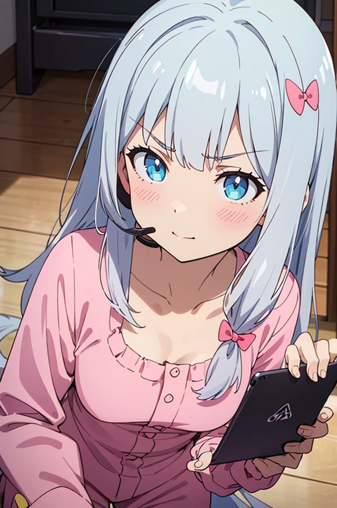 ((masterpiece, sidelighting, finely detailed beautiful eyes: 1.2)), ultra-detailed, ultra high res, professional lighting, high quality makeup, beautiful detailed eyes, sexy, beautiful, big eyes, 1girl,  izumi sagiri, izumi sagiri room, blue eyes, looking at viewer, long hair, headset, pink sleep pajamas, small breasts, angry, blush, wariza, holding tablet