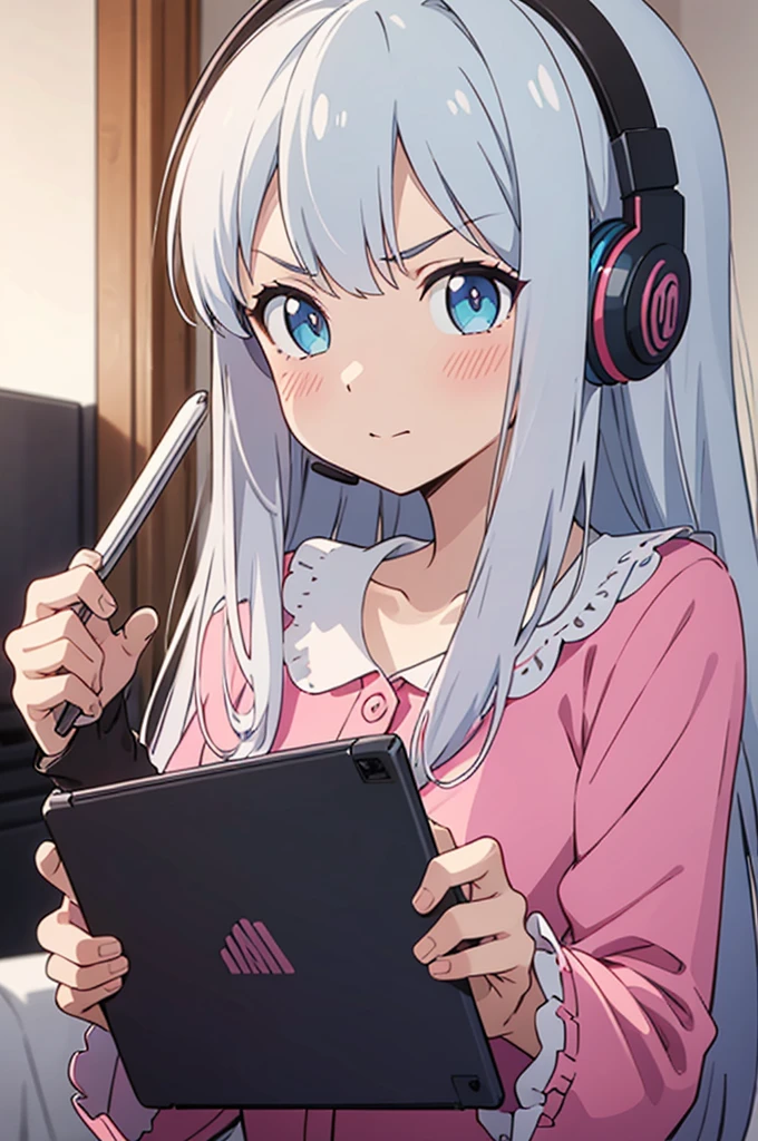 ((masterpiece, sidelighting, finely detailed beautiful eyes: 1.2)), ultra-detailed, ultra high res, professional lighting, high quality makeup, beautiful detailed eyes, sexy, beautiful, big eyes, 1girl,  izumi sagiri, izumi sagiri room, blue eyes, looking at viewer, long hair, headset, pink sleep pajamas, small breasts, angry, blush, wariza, holding tablet