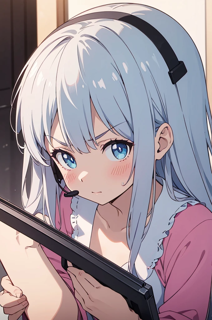 ((masterpiece, sidelighting, finely detailed beautiful eyes: 1.2)), ultra-detailed, ultra high res, professional lighting, high quality makeup, beautiful detailed eyes, sexy, beautiful, big eyes, 1girl,  izumi sagiri, izumi sagiri room, blue eyes, looking at viewer, long hair, headset, pink sleep pajamas, small breasts, angry, blush, wariza, holding tablet