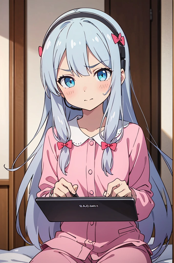 ((masterpiece, sidelighting, finely detailed beautiful eyes: 1.2)), ultra-detailed, ultra high res, professional lighting, high quality makeup, beautiful detailed eyes, sexy, beautiful, big eyes, 1girl,  izumi sagiri, izumi sagiri room, blue eyes, looking at viewer, long hair, headset, pink sleep pajamas, small breasts, angry, blush, wariza, holding tablet