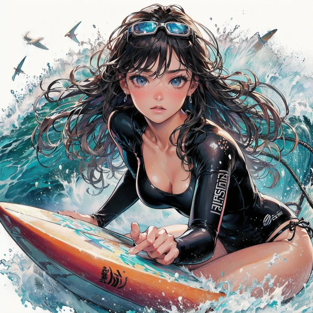 masterpiece, (textured skin), best quality, gorgeous beautiful girl, (a female surfing athlete), detailed clothes,large breasts,narrow waist,, (beautiful face), cinematic lighting, (at surfing venue ),