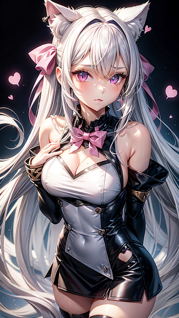 Silver hair, pink eyes, body, cat ears, sexy girl, earrings, light heart background fantasy, uniform, hair bow