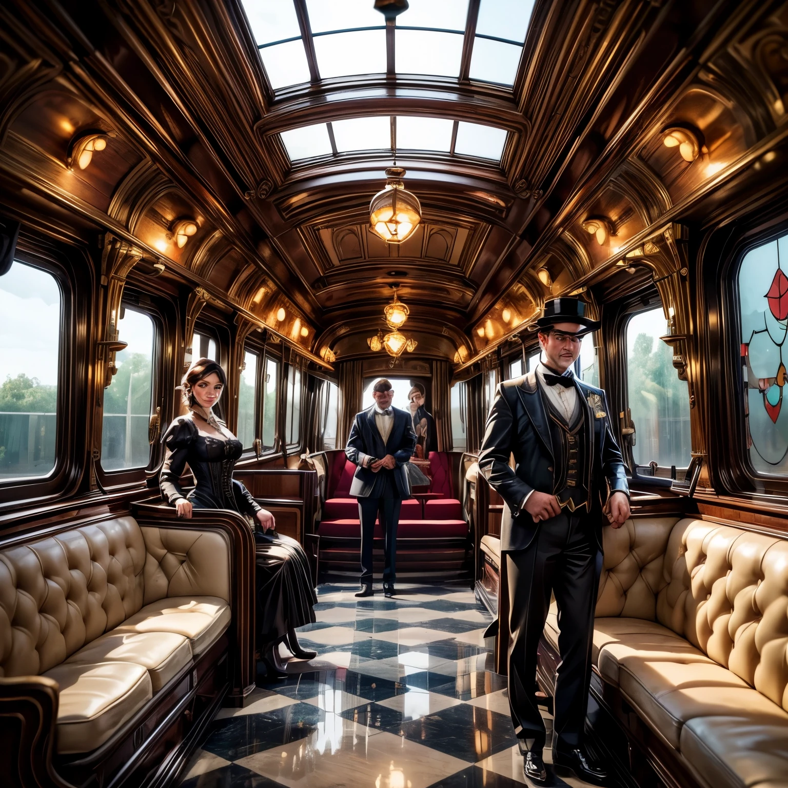 (best quality,4k,8k,highres,masterpiece:1.2),ultra-detailed,(realistic,photorealistic,photo-realistic:1.37),steam punk,a luxurious Train Station,spotlessly clean,several steam punk entertainment gadgets are present,golden steam-powered machines,exquisite clockwork mechanisms,elaborate brass gears and cogs,steaming pipes and valves,ornate Victorian architecture,impeccably polished marble floors,vintage leather-upholstered seating,gleaming crystal chandeliers,elegant top hats and corsets,curved wrought-iron staircases,copper-clad ticket booths,an opulent waiting lounge with plush velvet seats,an old-fashioned ticket conductor standing at the platform,steam-powered trains arriving and departing with a majestic hissing sound,couples in elegant attire waiting to board the train,a sense of excitement and anticipation in the air,beautifully painted vintage train carriages,puffs of steam billowing from the engines,strategically placed gas lamps casting a warm glow,sounds of clinking tea cups and laughter from a nearby café,vivid colors of rich burgundy,deep emerald green,and shimmering gold,all perfectly illuminated by the soft natural light streaming through large stained glass windows,captured in a timeless moment of Victorian elegance and steam-powered marvels.