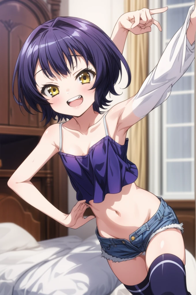 masterpiece,best quality,1girl,solo,jouga maya, blue shorthair,1girl,(petite),smile,,small breasts,camisole,denim shorts,dark night,my room,(nsfw),navel,thigh,cute face,grin,thighhighs,open mouth,tongue