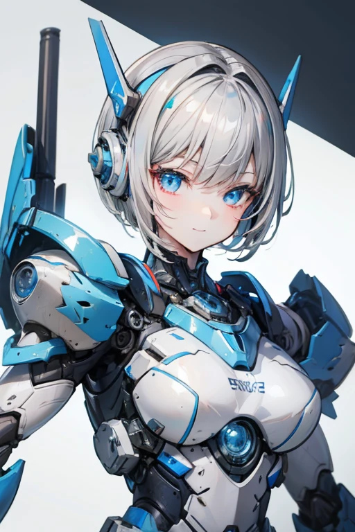 Female Android Girl masterpiece Gray Hair short Blue armor high school girl Mechanical Combatant Upper Body smile No ear decoration