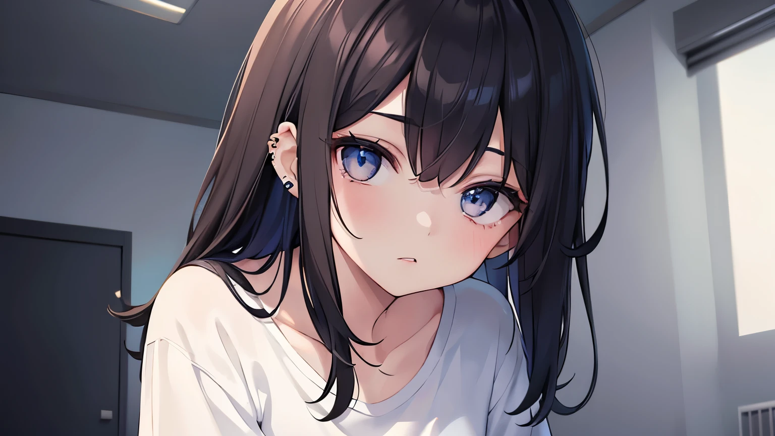 You meet a woman with dark hair and piercing eyes., with white t-shirt and blue shorts, who looks at you with curiosity. in a dark room.