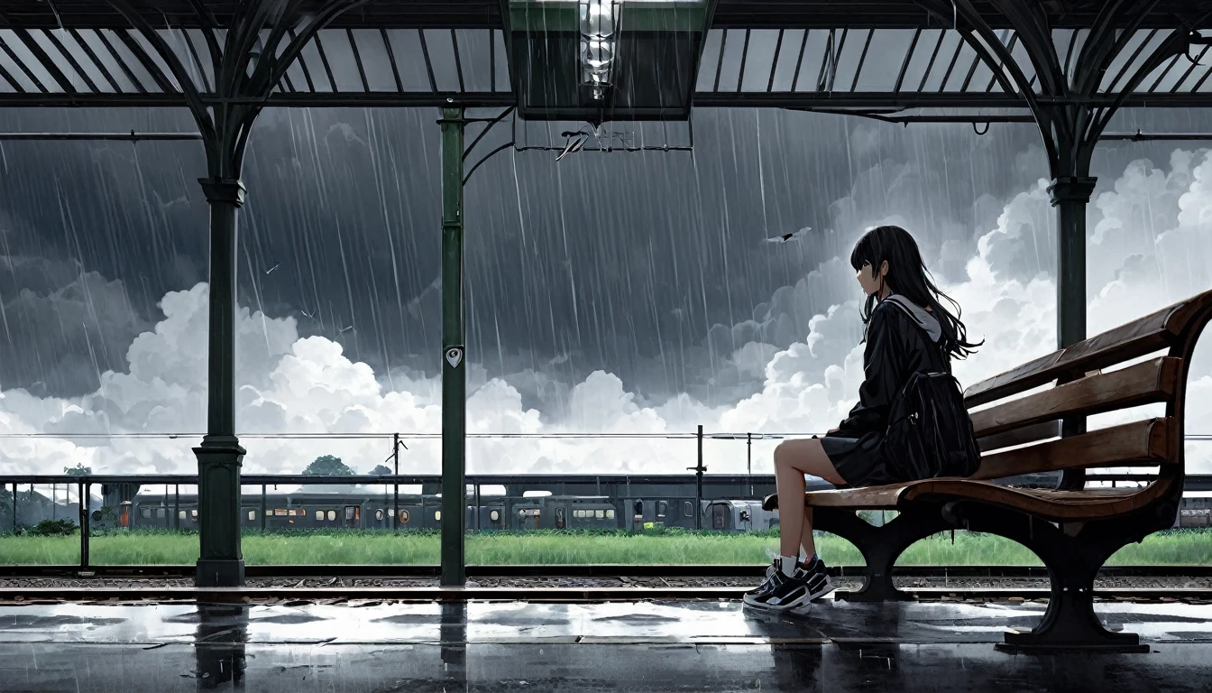 Ultra high definition photo. The sky is cloudy and full of dark clouds. It's dark like a place where it's going to rain. At an old train station, a girl sits lonely on her bench. Her hair is flying. She girl is wearing bb sneakers. You can see the back of the train that has just passed. Close-up side shot of a girl