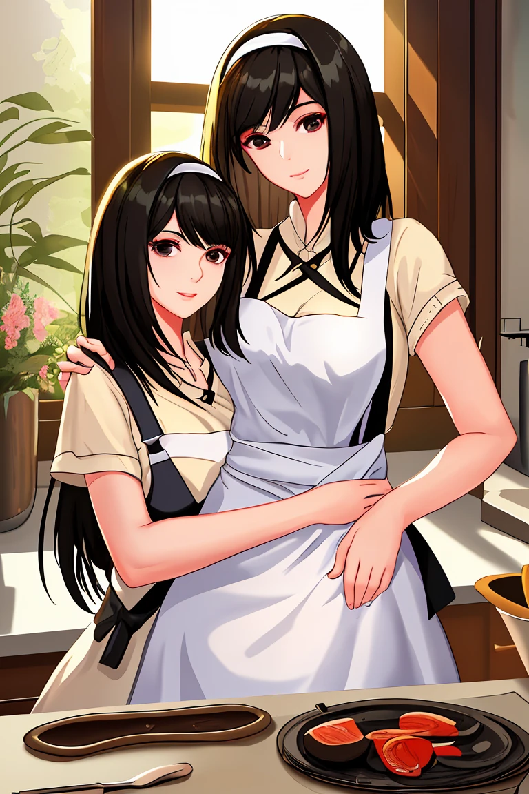 Beauty mother-in-law Black Hair hair band Mother and daughter have beautiful breasts Mother is an apron Mother's wedding ring My daughter is in uniform My daughter is wearing a mini skirt kitchen