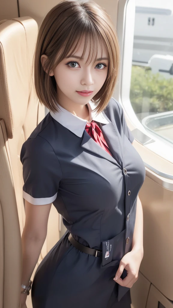 Photorealistic, highest quality, Highest quality, masterpiece, Ultra-high resolution, Raw photo, Realistic, Bright lighting, smile, ((Cabin-attendant uniform:1.4)), Face Light, Smooth Professional Lighting, Looking at the camera, alone, Adult women, Beautiful woman, Super Beauty, Realistic skin, Moisturized Skin, Realistic eyes and faces, Perfect model body shape, Beautiful Eyes, Big eyes, Inconspicuous tear bags, slim, Medium sized breasts, Beautiful fingers, Very short hair, blond Hair, gray eye, seems to be happy,