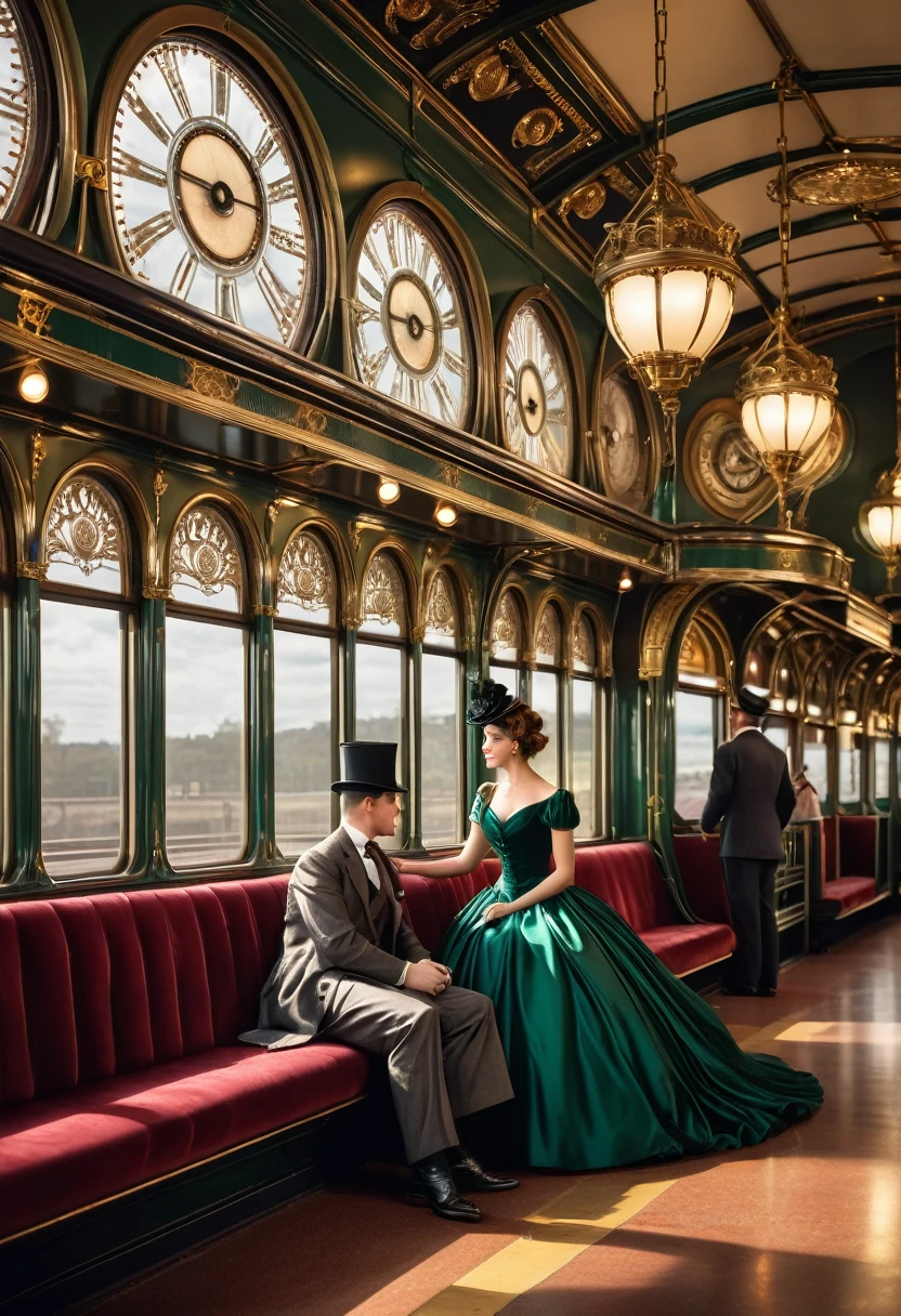 (best quality,4k,8k,highres,masterpiece:1.2),ultra-detailed,(realistic,photorealistic,photo-realistic:1.37),steam punk,a luxurious Train Station,spotlessly clean,several steam punk entertainment gadgets are present,golden steam-powered machines,exquisite clockwork mechanisms,elaborate brass gears and cogs,steaming pipes and valves,ornate Victorian architecture,impeccably polished marble floors,vintage leather-upholstered seating,gleaming crystal chandeliers,elegant top hats and corsets,curved wrought-iron staircases,copper-clad ticket booths,an opulent waiting lounge with plush velvet seats,an old-fashioned ticket conductor standing at the platform,steam-powered trains arriving and departing with a majestic hissing sound,couples in elegant attire waiting to board the train,a sense of excitement and anticipation in the air,beautifully painted vintage train carriages,puffs of steam billowing from the engines,strategically placed gas lamps casting a warm glow,sounds of clinking tea cups and laughter from a nearby café,vivid colors of rich burgundy,deep emerald green,and shimmering gold,all perfectly illuminated by the soft natural light streaming through large stained glass windows,captured in a timeless moment of Victorian elegance and steam-powered marvels.