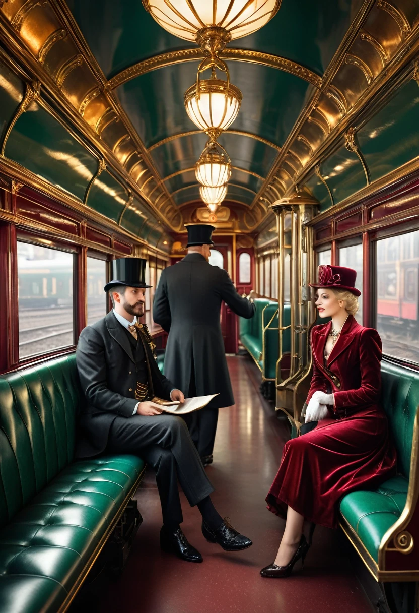 (best quality,4k,8k,highres,masterpiece:1.2),ultra-detailed,(realistic,photorealistic,photo-realistic:1.37),steam punk,a luxurious Train Station,spotlessly clean,several steam punk entertainment gadgets are present,golden steam-powered machines,exquisite clockwork mechanisms,elaborate brass gears and cogs,steaming pipes and valves,ornate Victorian architecture,impeccably polished marble floors,vintage leather-upholstered seating,gleaming crystal chandeliers,elegant top hats and corsets,curved wrought-iron staircases,copper-clad ticket booths,an opulent waiting lounge with plush velvet seats,an old-fashioned ticket conductor standing at the platform,steam-powered trains arriving and departing with a majestic hissing sound,couples in elegant attire waiting to board the train,a sense of excitement and anticipation in the air,beautifully painted vintage train carriages,puffs of steam billowing from the engines,strategically placed gas lamps casting a warm glow,sounds of clinking tea cups and laughter from a nearby café,vivid colors of rich burgundy,deep emerald green,and shimmering gold,all perfectly illuminated by the soft natural light streaming through large stained glass windows,captured in a timeless moment of Victorian elegance and steam-powered marvels.