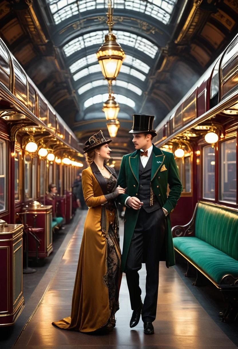 (best quality,4k,8k,highres,masterpiece:1.2),ultra-detailed,(realistic,photorealistic,photo-realistic:1.37),steam punk,a luxurious Train Station,spotlessly clean,several steam punk entertainment gadgets are present,golden steam-powered machines,exquisite clockwork mechanisms,elaborate brass gears and cogs,steaming pipes and valves,ornate Victorian architecture,impeccably polished marble floors,vintage leather-upholstered seating,gleaming crystal chandeliers,elegant top hats and corsets,curved wrought-iron staircases,copper-clad ticket booths,an opulent waiting lounge with plush velvet seats,an old-fashioned ticket conductor standing at the platform,steam-powered trains arriving and departing with a majestic hissing sound,couples in elegant attire waiting to board the train,a sense of excitement and anticipation in the air,beautifully painted vintage train carriages,puffs of steam billowing from the engines,strategically placed gas lamps casting a warm glow,sounds of clinking tea cups and laughter from a nearby café,vivid colors of rich burgundy,deep emerald green,and shimmering gold,all perfectly illuminated by the soft natural light streaming through large stained glass windows,captured in a timeless moment of Victorian elegance and steam-powered marvels.