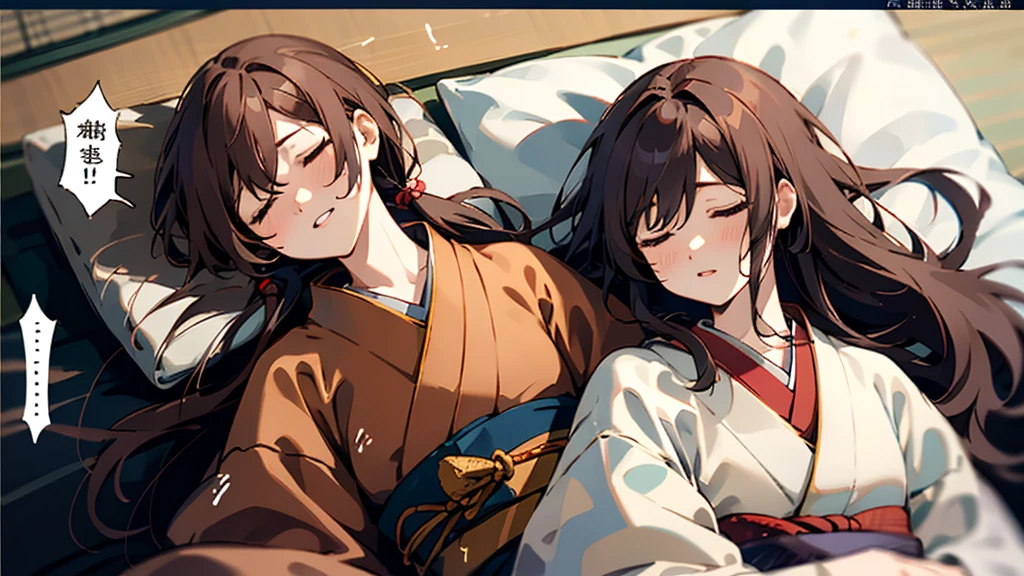 masterpiece, Highest quality, Highest quality, masterpiece, High resolution, concentrated,Japan,Japanese,Japan,Japanese style,Waka,Chihayafuru,words,vocabulary,Sleep,Sleep学習,Twelve-layered kimono,No text,Two people
