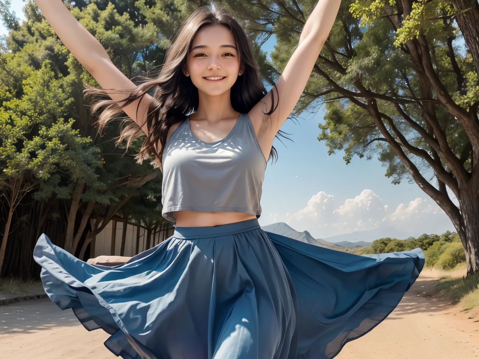 The image shows a young woman with long dark hair standing outdoors against a blue sky. She is wearing a grey sleeveless top and a long dark blue skirt. The woman has her arms outstretched and an expression of joy and innocence on her face. She seems to be enjoying the beautiful weather and the open space around her. The image conveys feelings of freedom, happiness and gratitude for the natural environment.