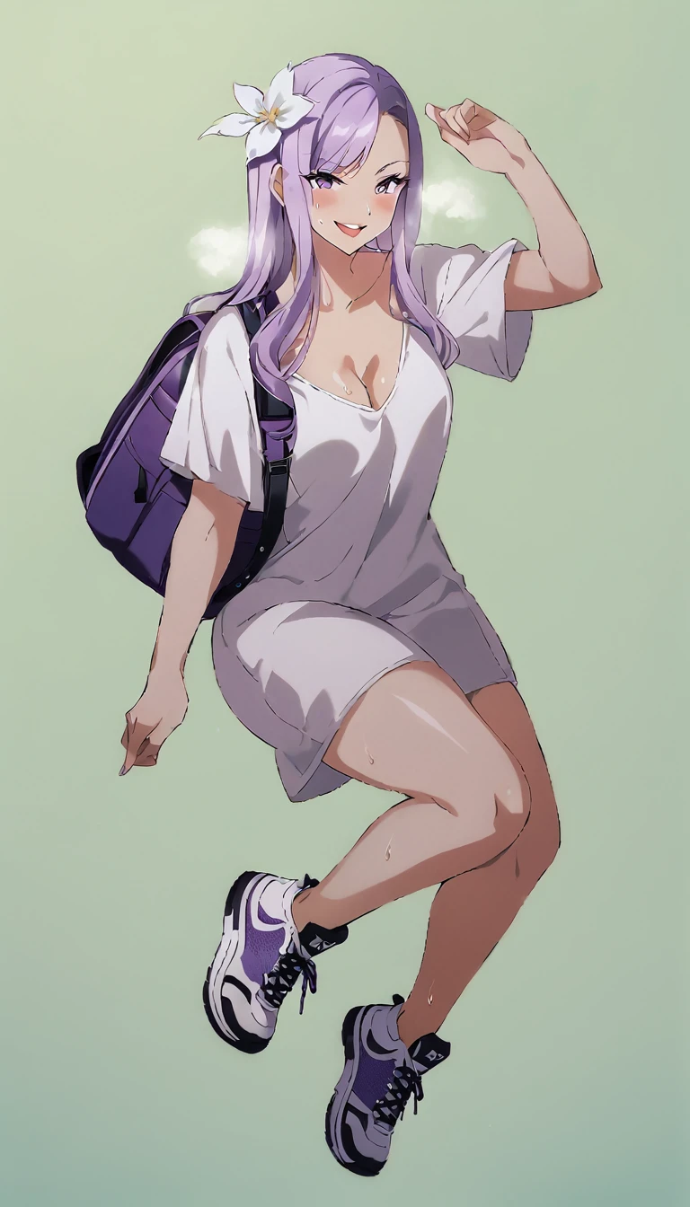 score_9, score_8_up, score_7_up, score_6_up, uncensored, quinella, absurdly long hair, purple eyes, smirk, upper teeth, long hair, parted bangs, purple hair, very long hair, hair ornament, horny face, blush face, lips, naughty face, shiny skin, sweating, steaming body, saliva, curvy, voluptuous, heavy breathing, large breasts, detailed body, detailed eyes, thighs, pin up model pose, green fields background, carrying backpacks, high sneakers, anime screencap, anime coloring