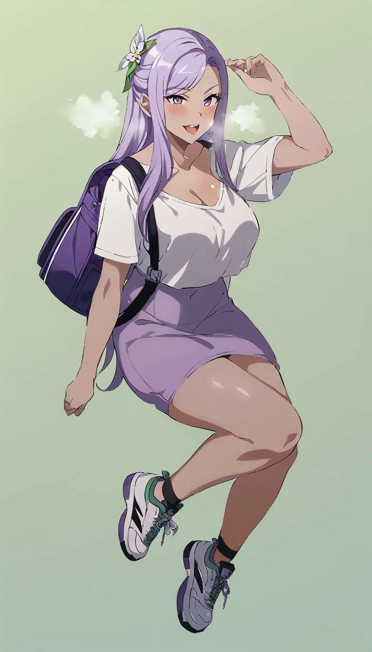 score_9, score_8_up, score_7_up, score_6_up, uncensored, quinella, absurdly long hair, purple eyes, smirk, upper teeth, long hair, parted bangs, purple hair, very long hair, hair ornament, horny face, blush face, lips, naughty face, shiny skin, sweating, steaming body, saliva, curvy, voluptuous, heavy breathing, large breasts, detailed body, detailed eyes, thighs, pin up model pose, green fields background, carrying backpacks, high sneakers, anime screencap, anime coloring