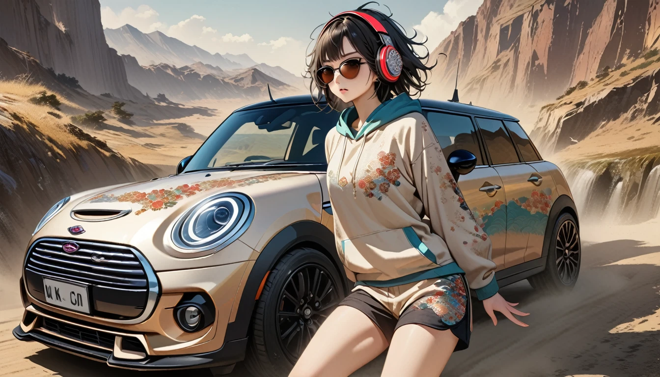 ((8k of extremely detailed CG unit, Masterpiece, high resolution, highest quality, highest quality real texture skin)), (wearing Japanese pattern headphones), ((1 girl)), (((Mini Cooper Driving))), (((sunglasses))), (Japanese pattern hoodie, Japanese-style shorts), (Black hair, messy hair, beige skin), (surreal, digital painting)