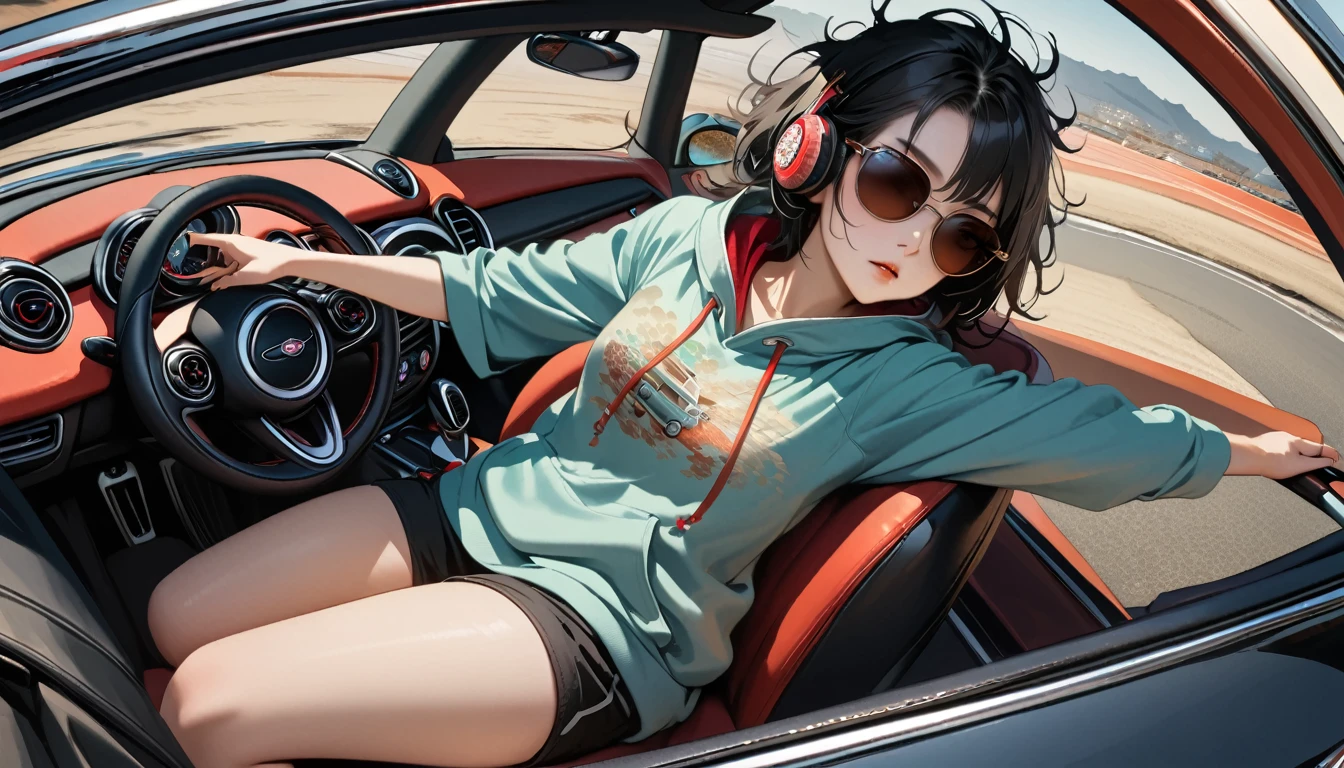 ((8k of extremely detailed CG unit, Masterpiece, high resolution, highest quality, highest quality real texture skin)), (wearing Japanese pattern headphones), ((1 girl)), (((Mini Cooper Driving))), (((sunglasses))), (Japanese pattern hoodie, Japanese-style shorts), (Black hair, messy hair, beige skin), (surreal, digital painting)