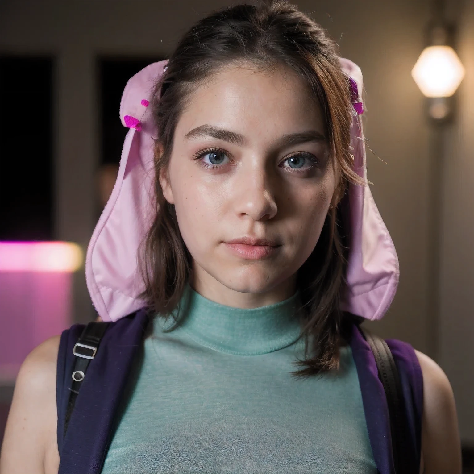Photo of a college student, Purple Pink, Futuristic space suit, (freckle:0.8) Cute face, Science Fiction, Dystopia, Delicate eyes, Green pupils((side view))