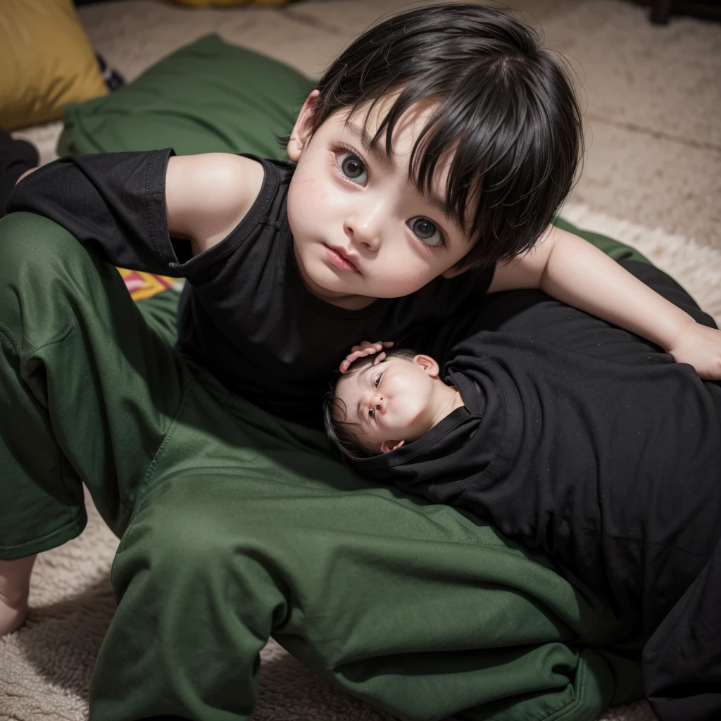 1  boy with black t-shirt and green pants