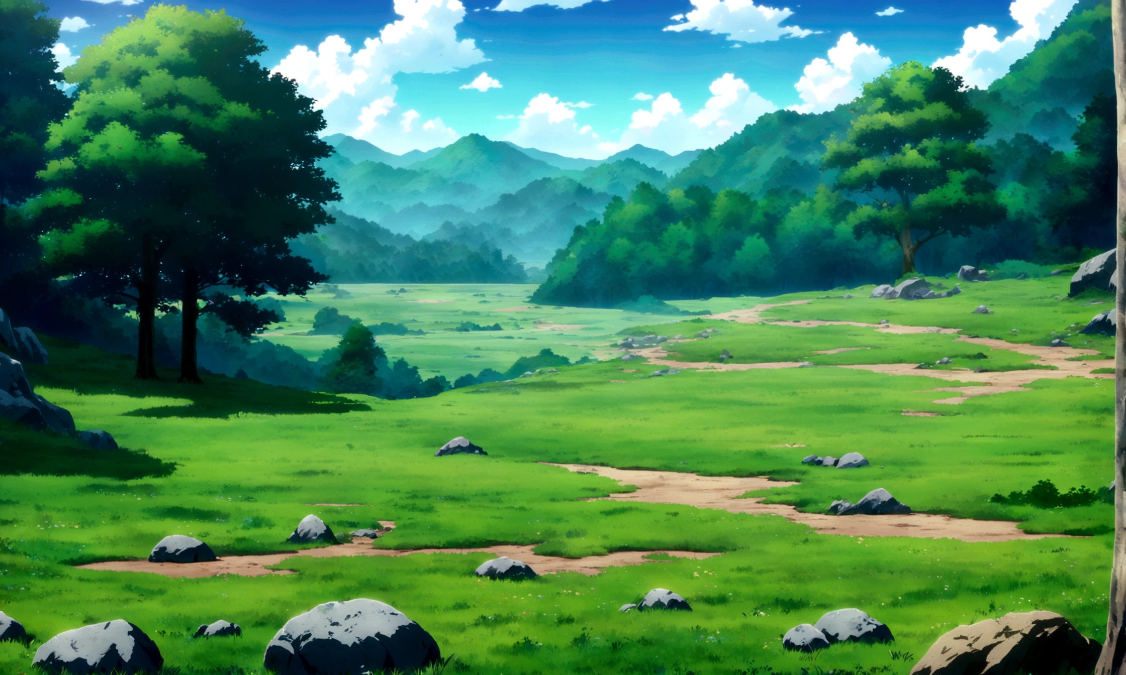
anime - style painting of a tree in a grassy field with rocks, anime countryside landscape, anime landscape, anime landscape wallpaper, anime background art, beautiful anime scenery, anime background, anime beautiful peace scene, anime scenery, anime movie background, anime nature, anime scenery concept art, colorful anime movie background, beautiful anime scene, anime scene, beautiful landscape background