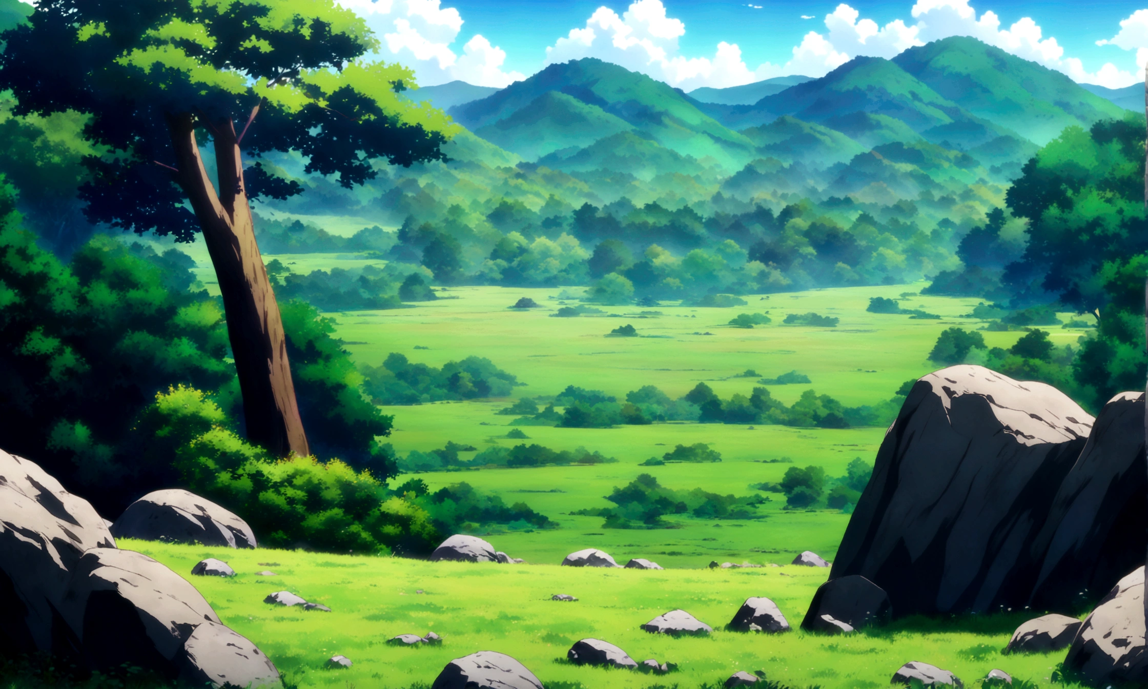 
anime - style painting of a tree in a grassy field with rocks, anime countryside landscape, anime landscape, anime landscape wallpaper, anime background art, beautiful anime scenery, anime background, anime beautiful peace scene, anime scenery, anime movie background, anime nature, anime scenery concept art, colorful anime movie background, beautiful anime scene, anime scene, beautiful landscape background