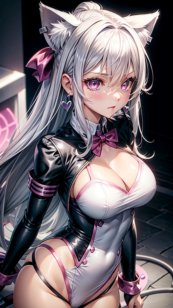 Silver hair, pink eyes, body, cat ears, sexy girl, earrings, light heart background fantasy, uniform, hair bow