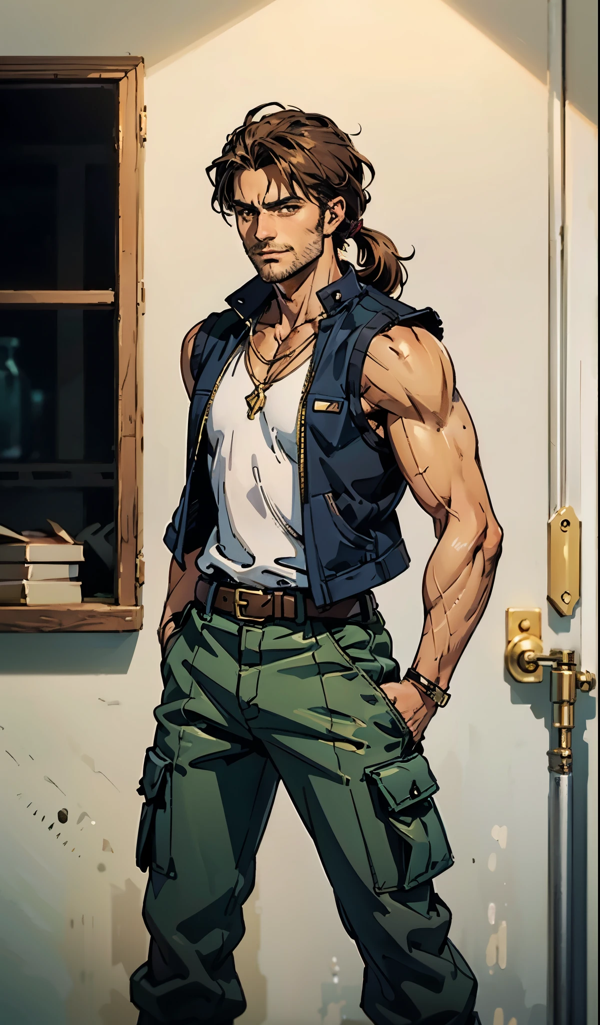 (masterpiece:1.2, best quality, extremely delicate), a man with short brown hair, a short ponytail, brown skin, a handsome face, deep eyes, a wild smile, stubble on his chin, wears a necklace with animal teeth, a muscular build, a fantasy-reality style blue open short vest, sleeveless, a cloth band on his arm, a yellow belt, green cargo pants, stands on an endless coastline, this character embodies a finely crafted fantasy-reality style rogue in anime style, exquisite and mature manga art style, dramatic, high definition, highres, ultra-detailed, ultra-fine painting, professional, perfect body proportions, golden ratio, anatomically correct, symmetrical face, extremely detailed eyes and face, high quality eyes, creativity, RAW photo, UHD, 32k, Natural light, cinematic lighting, masterpiece-anatomy-perfect